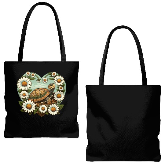 Turtle surrounded by Daisy Heart Design Tote Bags (AOP)