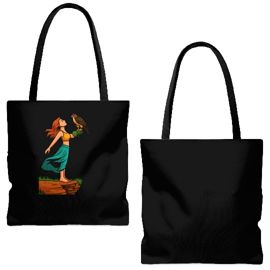 Woman with Hawk on Arm in Nature Scene Tote Bags (AOP)