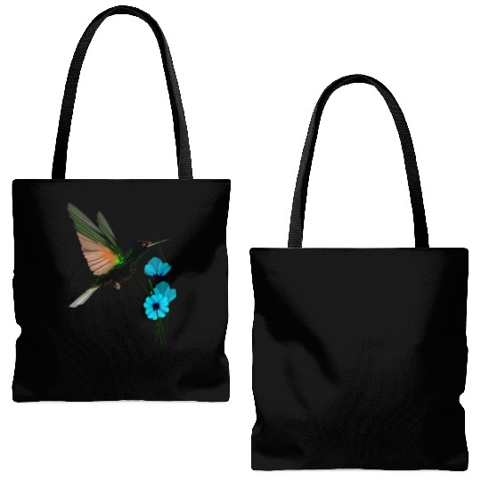 Green Hummingbird-Blue Flowers Tote Bags (AOP)
