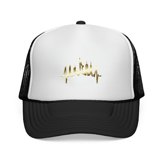 New York City Heartbeat Manhattan Skyline USA Gold Trucker Caps