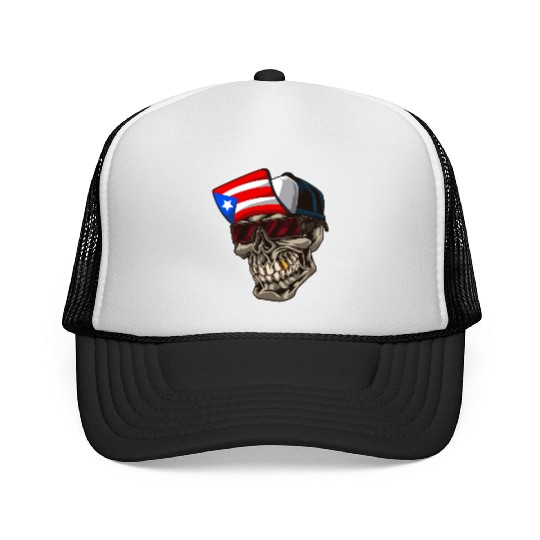 Cool Puerto Rico Skull With Cap and Boricua Flag Trucker Caps