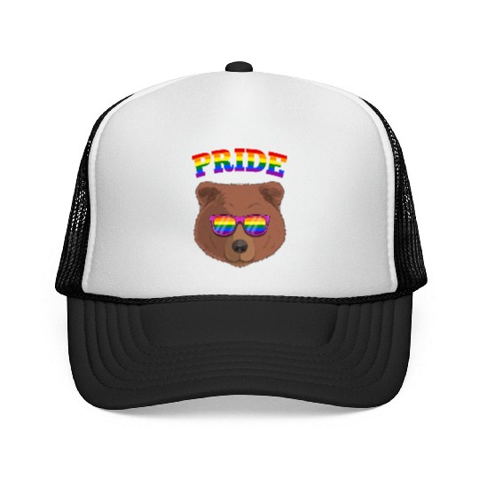 Gay Pride Grizzly Bear with LGBT Rainbow Trucker Caps