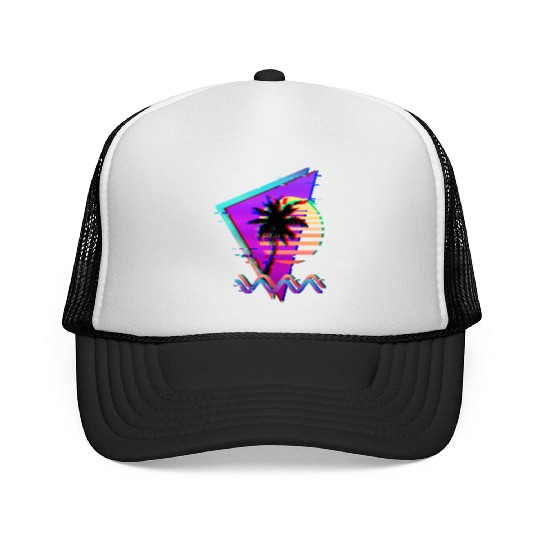 Vaporwave Palm Tree Sunset 90s Glitch Aesthetic Trucker Caps