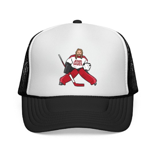 Funny Hockey Jesus Saves Hockey Goalie Trucker Caps