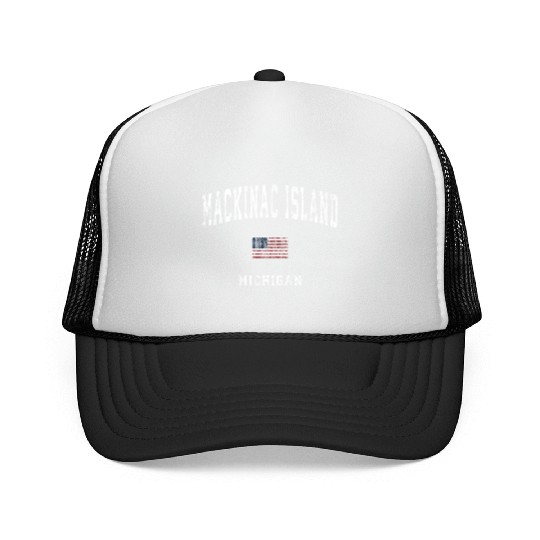 Mackinac Island Michigan MI Vintage American Flag Trucker Caps