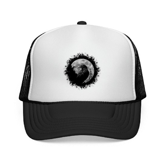 Mystic Black Crow Artwork Full Moon Raven Trucker Caps