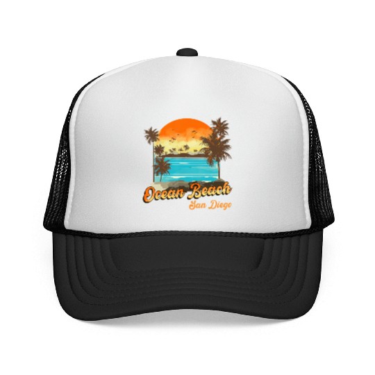 Ocean Beach San Diego Summer Vacation Sunset Palm Trucker Caps