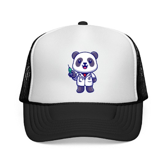 Cute panda doctor with syringe Trucker Caps