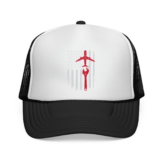 Airplane Mechanic US Flag Aviation Technician Gift Trucker Caps