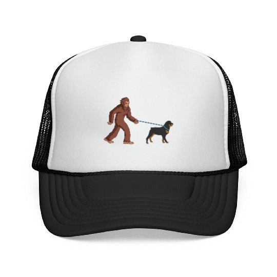 Bigfoot Sasquatch Walking Rottweiler Trucker Caps