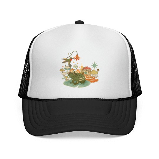 Cottagecore with frog, mushrooms and hummingbird Trucker Caps