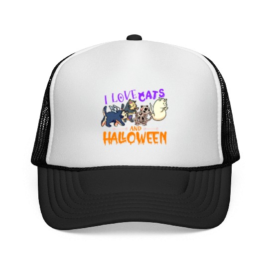 I Love Cats And Halloween | Halloween Apparel | Trucker Caps