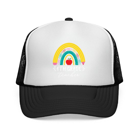 4th grade teacher back to school rainbow pencil Trucker Caps