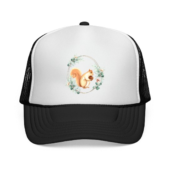 Squirrel Holding An Acorn in a Floral Gold Wreath Trucker Caps