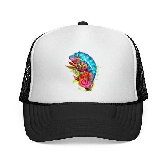 A chameleon is sitting on a branch 11 1 Trucker Caps