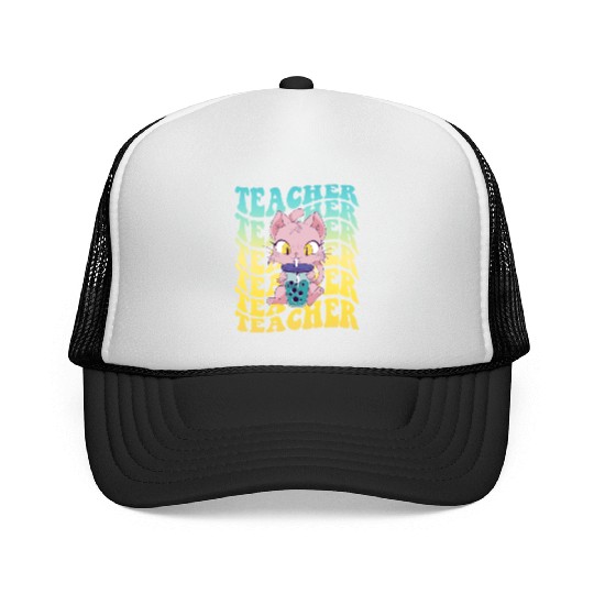 Boba Tea Teacher Kawaii Cat Groovy Back To School Trucker Caps