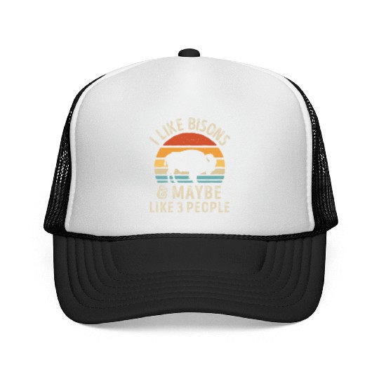 I Like Bisons and Maybe 3 People Retro Sunset Vint Trucker Caps