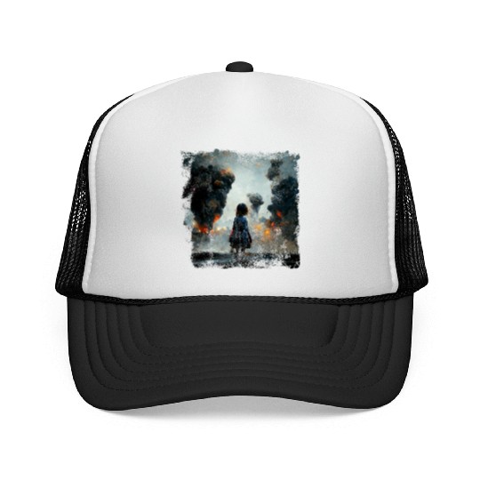 Kid in war looking at explosion AI painting Trucker Caps
