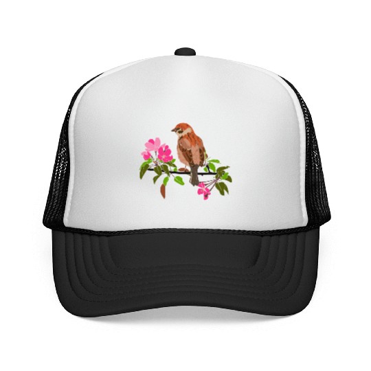 Sparrow on a branch pink flowers of an apple tree Trucker Caps