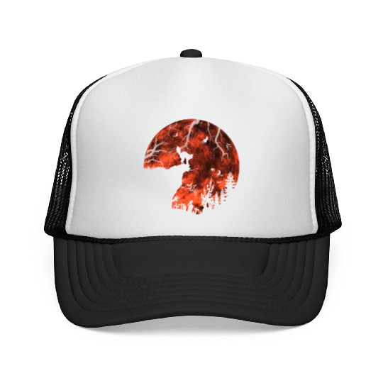 Cat Red Moon trick or treat Bats Forest Halloween Trucker Caps