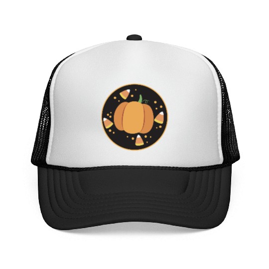 Pumkpin on a circle with candy corn Trucker Caps