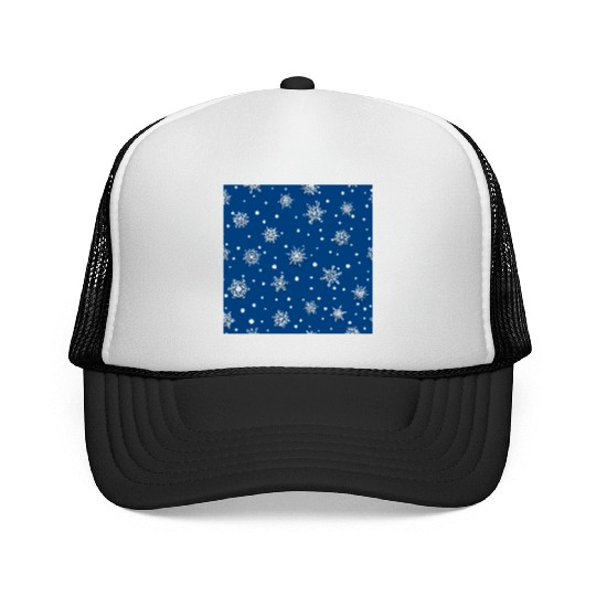 Modern Navy Blue Snowflakes Pattern Trucker Caps