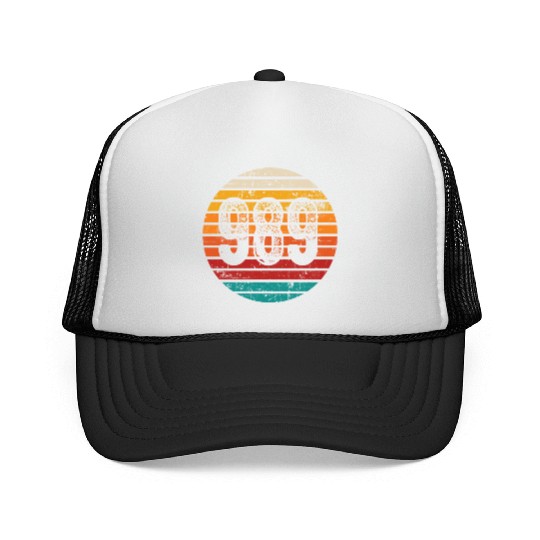 Distressed Vintage Sunset 989 Area Code Trucker Caps