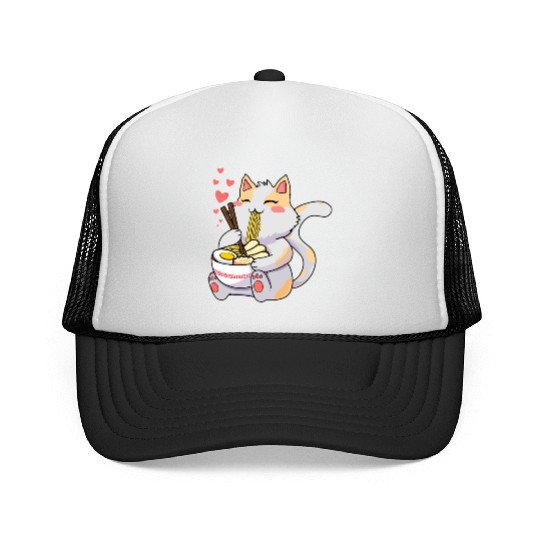 Funny Kawaii Cat Eating Ramen - Kawaii Neko Cat Trucker Caps
