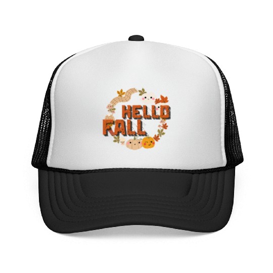 Hello Fall Cute Nature Autumn leaves Pumpkins Trucker Caps