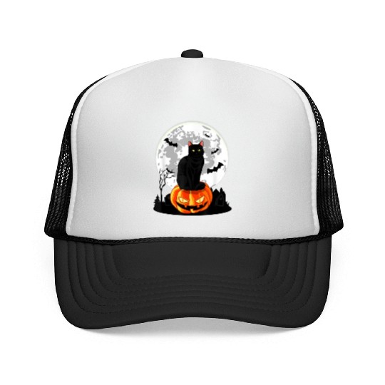 Black Cat On Pumpkin Trucker Caps Full Moon Halloween