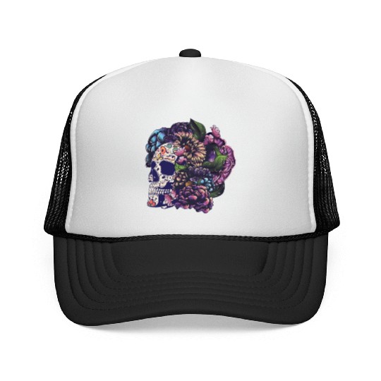 Halloween Sugar Skull And Flowers Trucker Caps