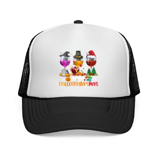 Wine Glasses Witch Santa hat Happy Hallothanksmas Trucker Caps