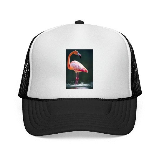 Flamingo in a lake with water splashes Trucker Caps