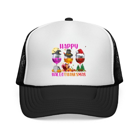 Happy Hallothanksmas Wine Lover Halloween Thankful Trucker Caps