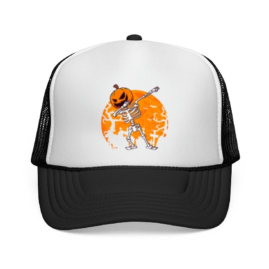 Dabbing Skeleton Jack O Lantern Pumpkin Halloween Trucker Caps