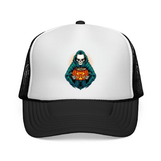 Grim Reaper With Scary Pumpkin - Halloween Trucker Caps