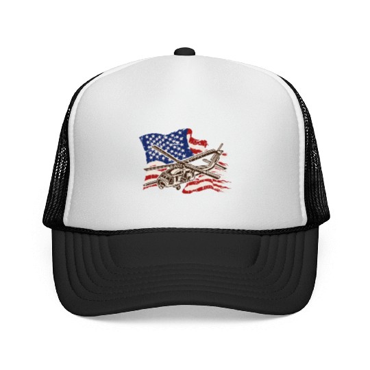 Helicopter with american flag background - chopper Trucker Caps