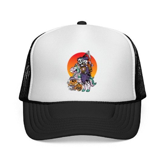 Unicorn Halloween Pumpkin Grim Reaper Trucker Caps