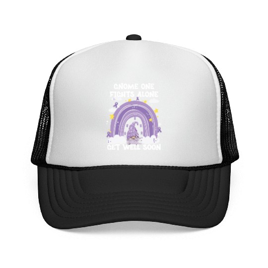 Gnome One Fights Alone Lavender Cancer Trucker Caps