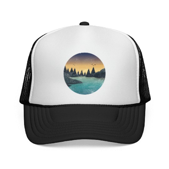Retro River With Forest And Birds In The Sunset Trucker Caps