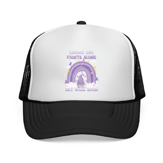 Gnome One Fights Alone Lavender Cancer Trucker Caps