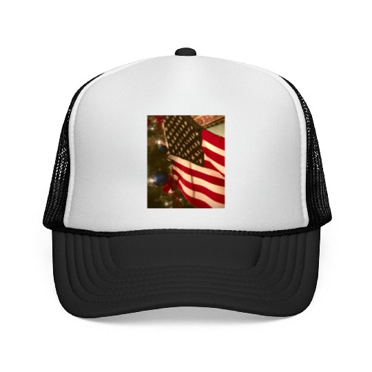 Patriotic Christmas US Flag And Christmas Tree Trucker Caps