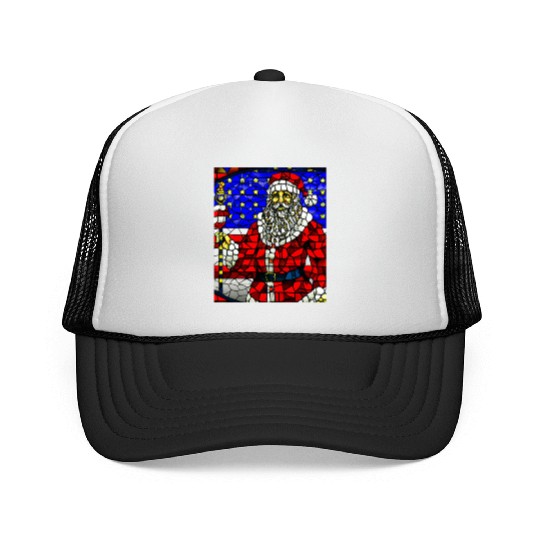 Patriotic Christmas Santa With US Flag Stained Trucker Caps