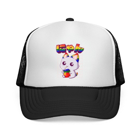 Gay Pride Kawaii Cat Strawberry Milk Rainbow Flag Trucker Caps