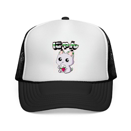 Demiromantic Pride Kawaii Cat Strawberry Milk Trucker Caps