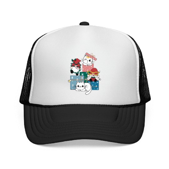cute gnome and kitty cats on present gift box Trucker Caps