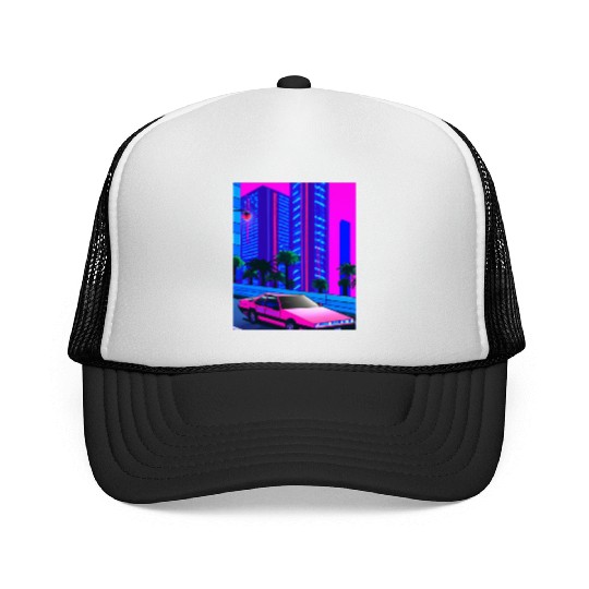 Vaporwave Car Synthwave City Trucker Caps