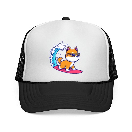 Cute Shiba Inu Dog Surfing in Sea Trucker Caps