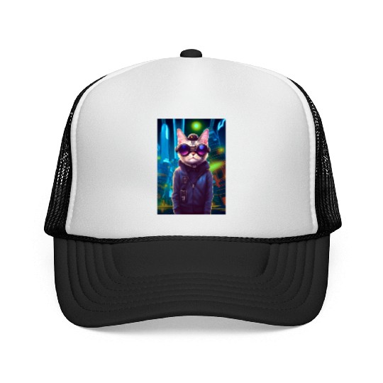 Techno Cat In Japan Neon City Trucker Caps