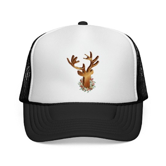 Deer head in wood look with Christmas wreath Trucker Caps
